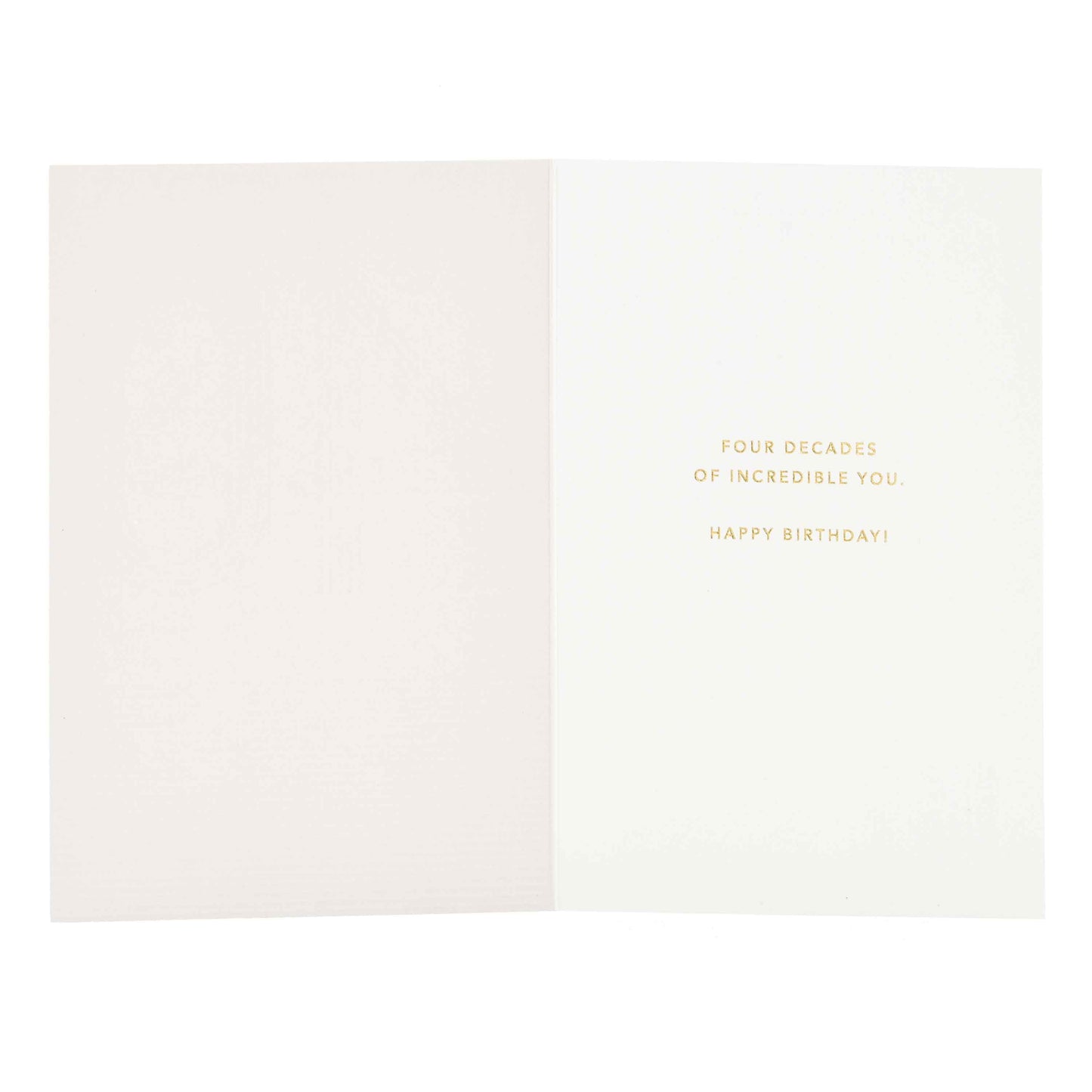 Signature Studio 40th Birthday Card - Four Decades, interior view showcasing embossed text and gold foil details.
