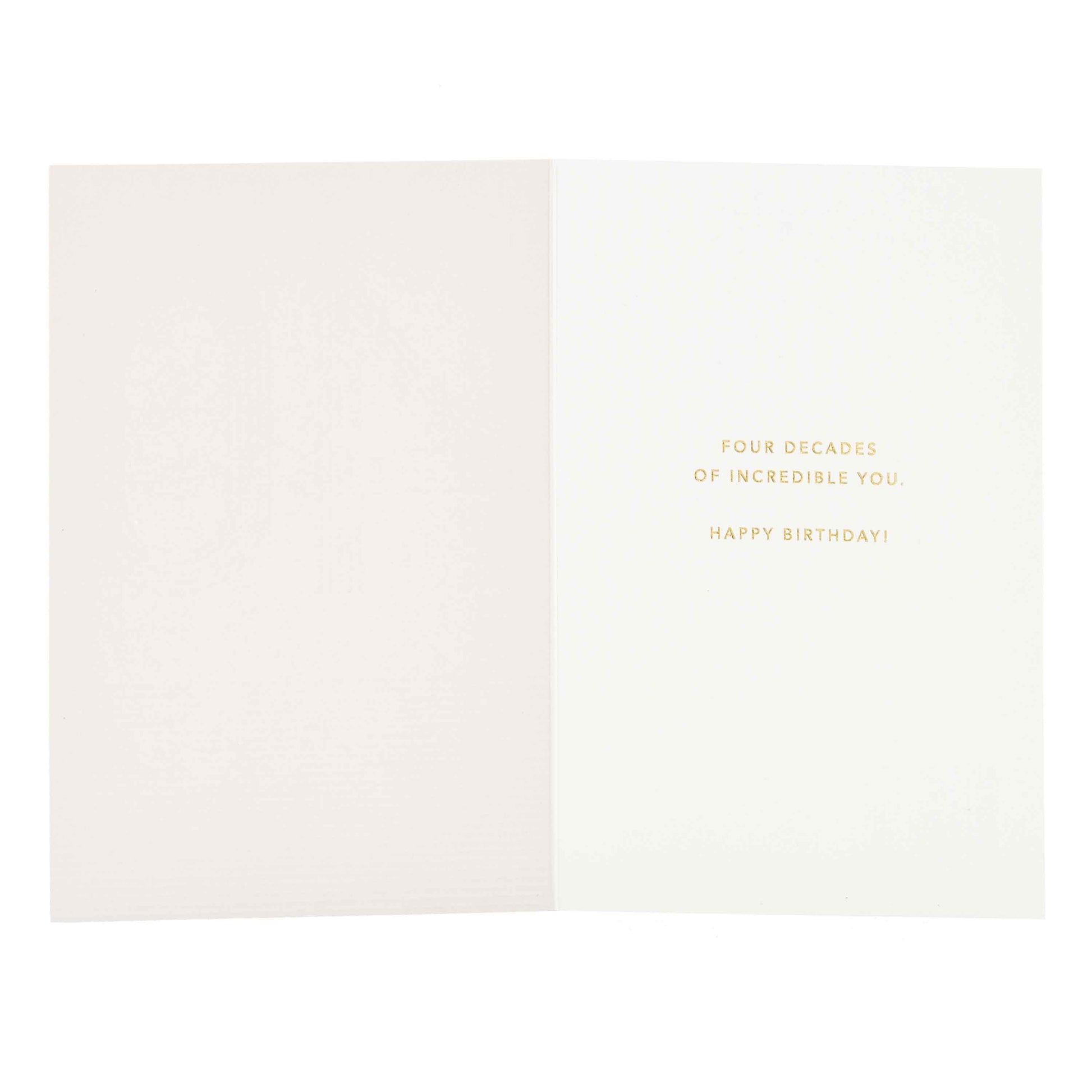Signature Studio 40th Birthday Card - Four Decades, interior view showcasing embossed text and gold foil details.