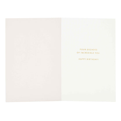 Signature Studio 40th Birthday Card - Four Decades, interior view showcasing embossed text and gold foil details.