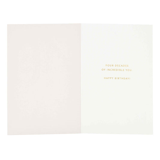 Signature Studio 40th Birthday Card - Four Decades, interior view showcasing embossed text and gold foil details.
