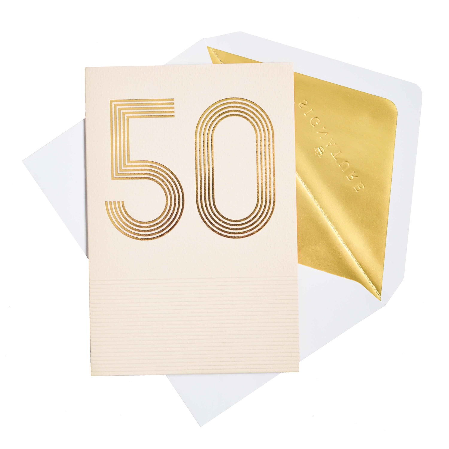 Signature Studio 50th Birthday Card - Big Birthday! featuring embossed gold foil '50' on cream card with a gold-lined envelope.