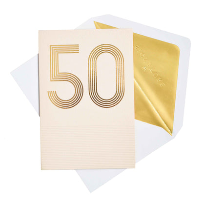 Signature Studio 50th Birthday Card - Big Birthday! featuring embossed gold foil '50' on cream card with a gold-lined envelope.