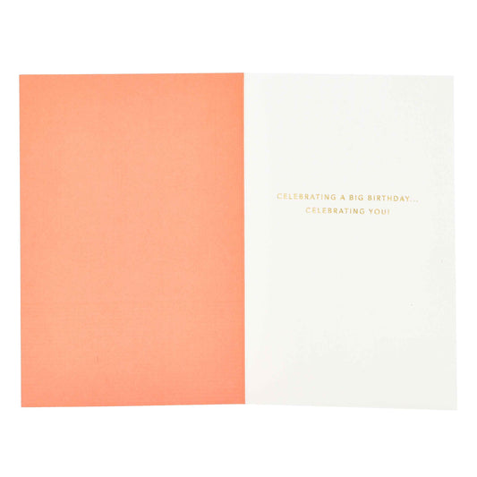 Signature Studio 50th Birthday Card - Big Birthday! open view showing gold foil text on white and orange interior.