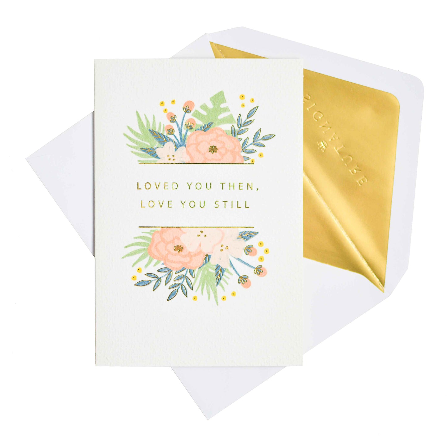 Signature Studio Anniversary Card - Floral Bouquets featuring colourful floral illustrations and gold foil accents in a flat lay view.