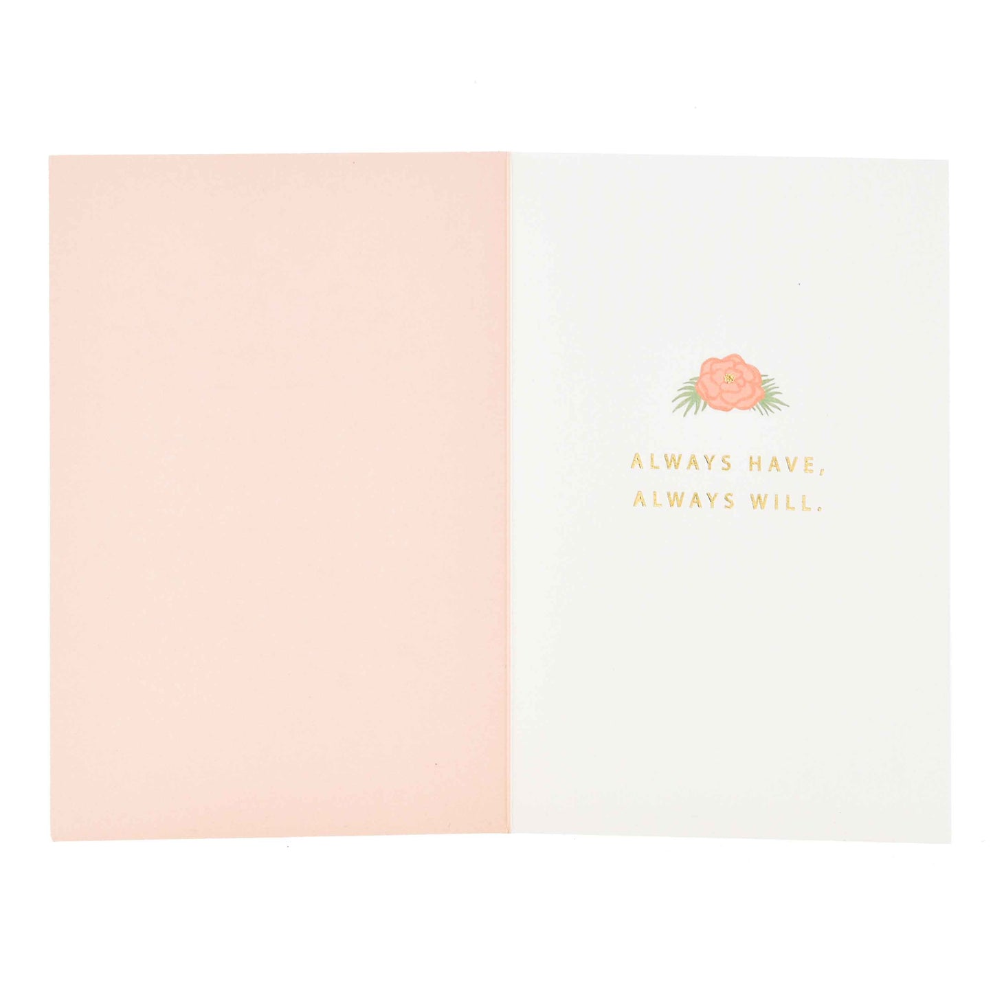 Signature Studio Anniversary Card - Floral Bouquets, open view, featuring pink and white interior with gold text and flower illustration.