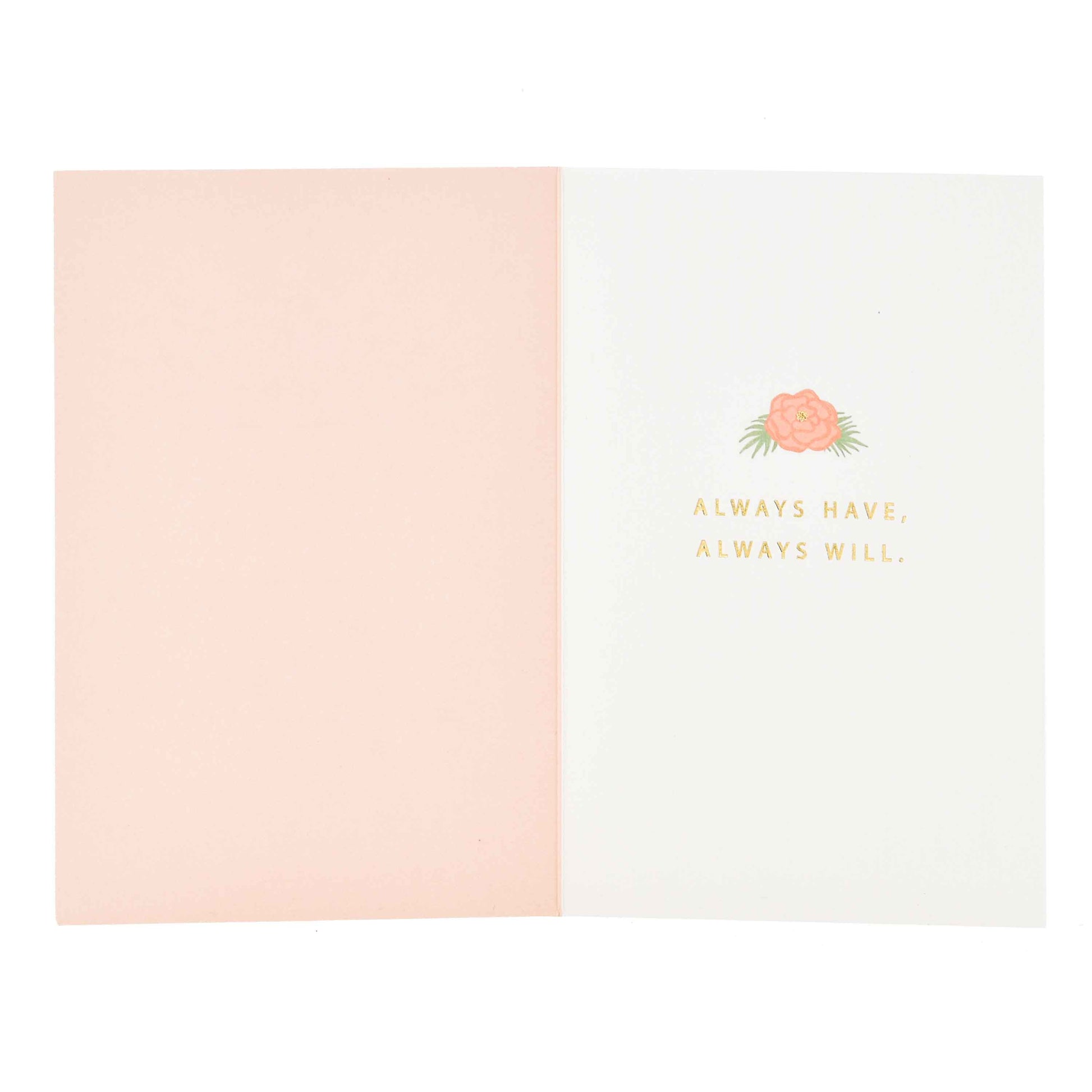 Signature Studio Anniversary Card - Floral Bouquets, open view, featuring pink and white interior with gold text and flower illustration.