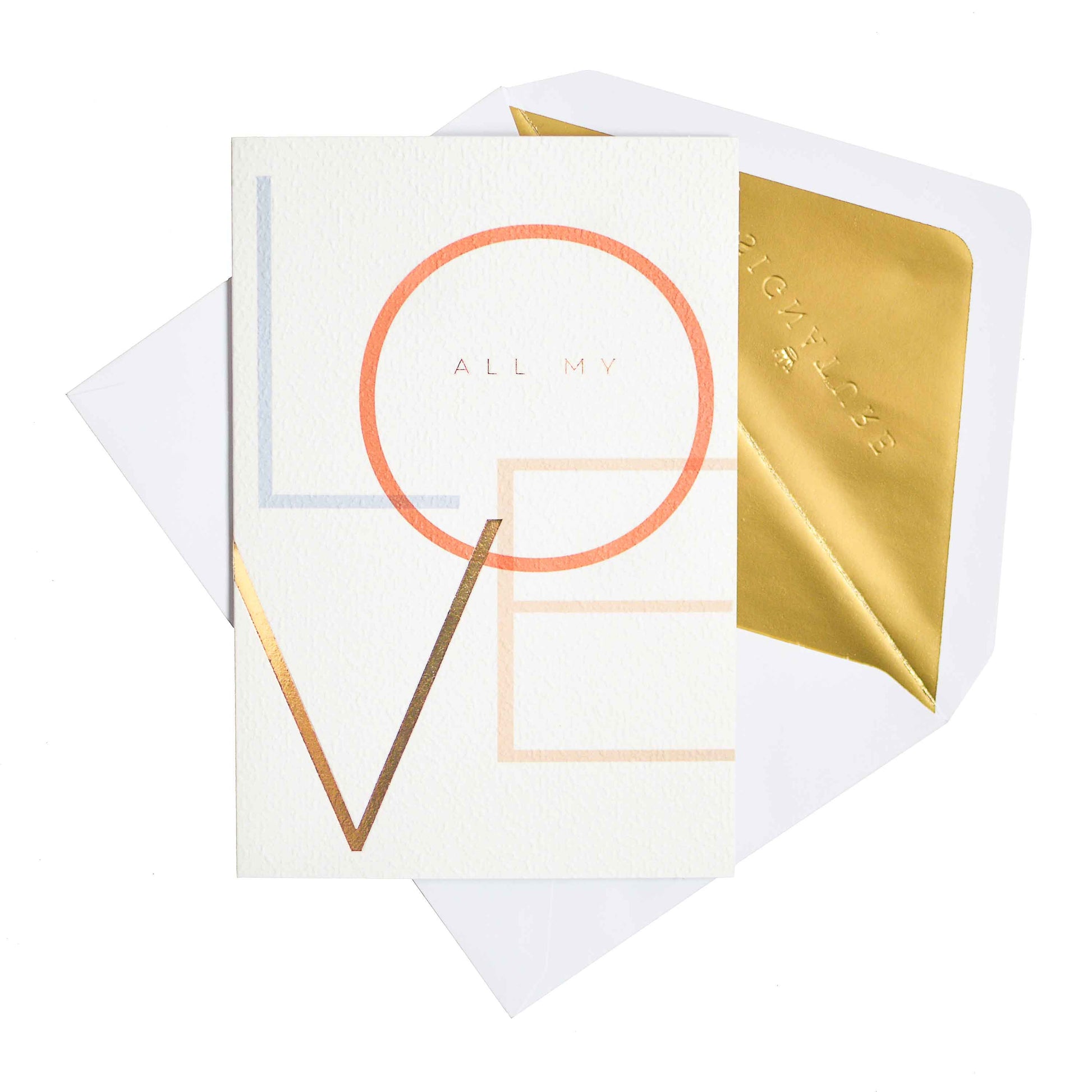 Signature Studio Love Greeting Card - All My Love, featuring gold foil highlights and stylish typography with a gold-lined envelope.