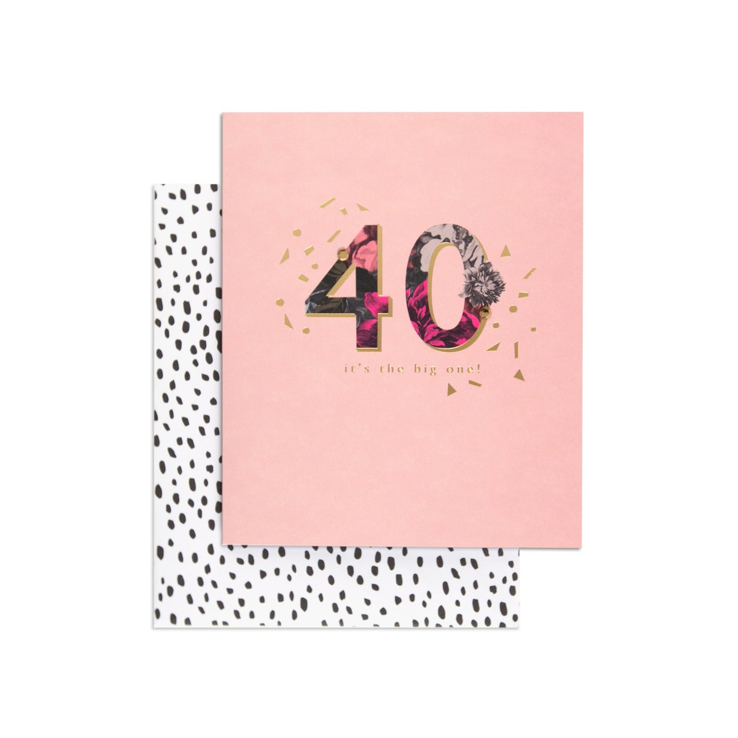 Stormy Blossoms Elegant 40th Birthday Card displayed with a black and white spot envelope, featuring floral details and gold foil.