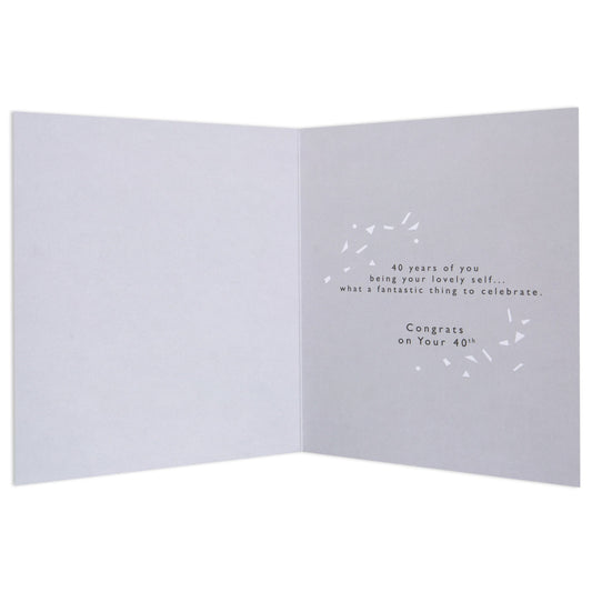 Stormy Blossoms Elegant 40th Birthday Card interior design with celebratory message in a minimalist style on grey background.