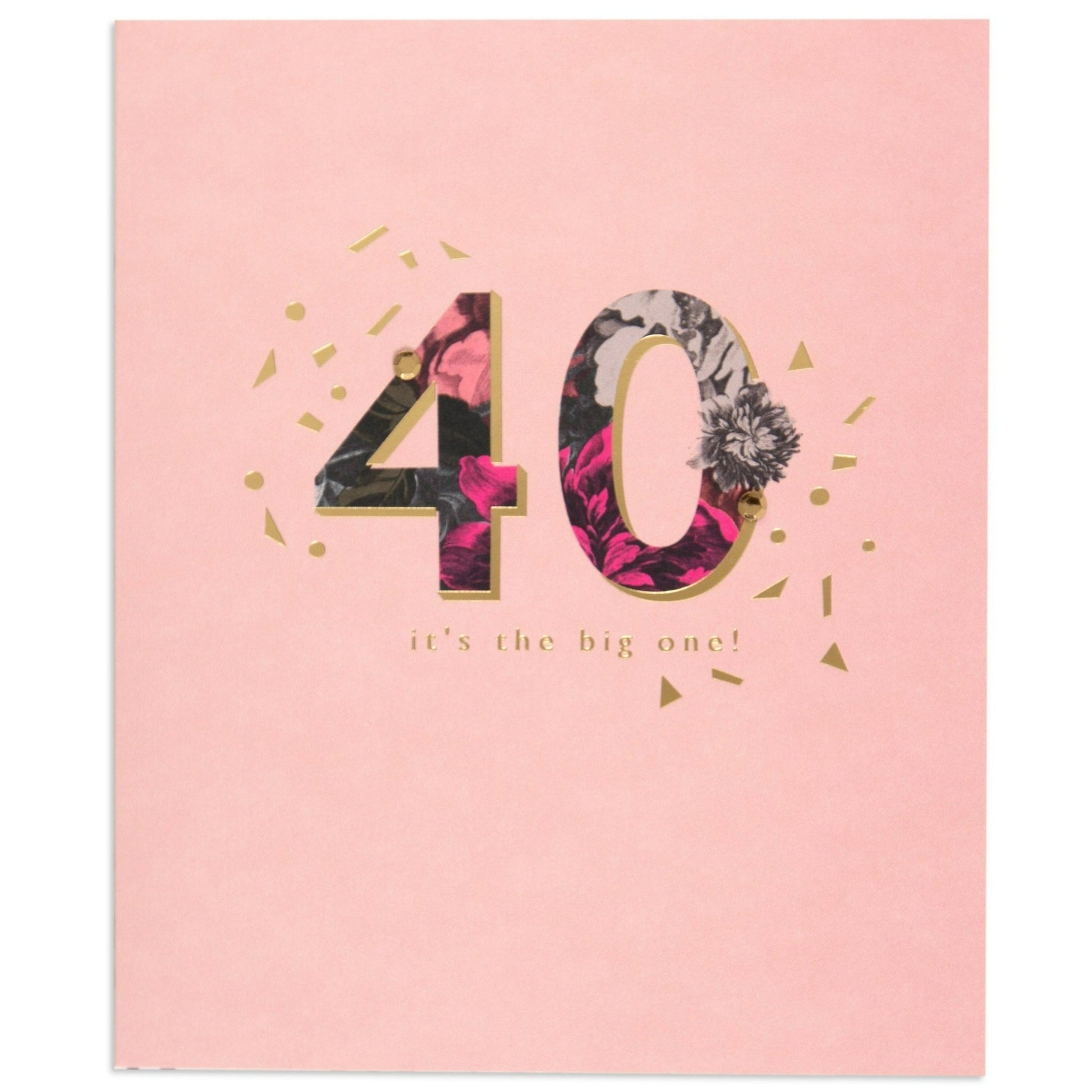 Stormy Blossoms Elegant 40th Birthday Card in pink with gold foil lettering and floral design, featuring the message '40 it's the big one!'