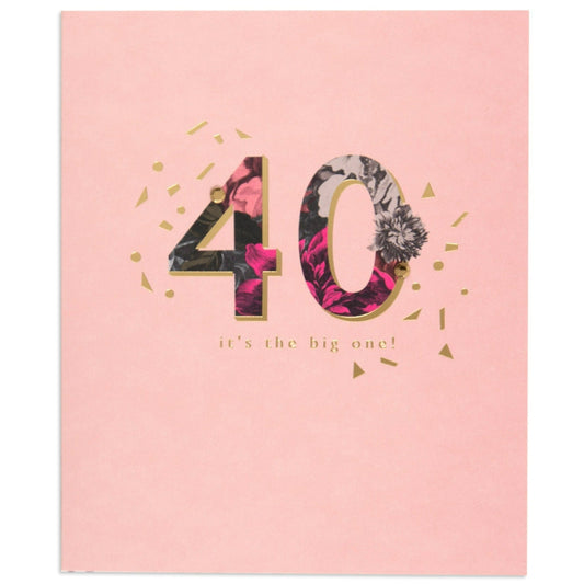 Stormy Blossoms Elegant 40th Birthday Card in pink with gold foil lettering and floral design, featuring the message '40 it's the big one!'